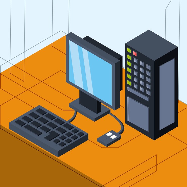 Vektor isometrische computertechnologie mit medienverbindungen
