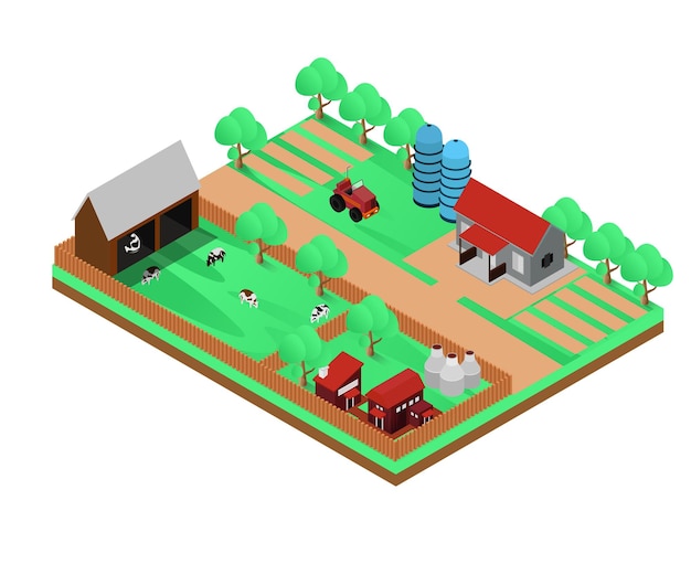 Isometrische darstellung der karte über rinderfarm oder landwirtschaft