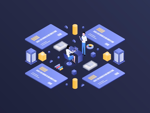 Isometrische Darstellung des Kreditkartensystems mit dunklem Farbverlauf, geeignet für mobile App-Website-Bannerdiagramme, Infografiken und andere grafische Assets