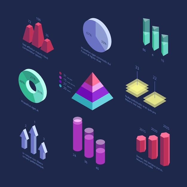 Isometrische daten der unternehmensstatistik 3d, prozentsatzdiagramm, finanzwachstumsgraphiken