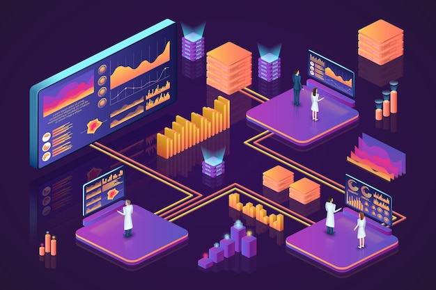 Isometrische Daten Digitale 3D-Geschäftslösungen durchsuchen Analysetechnologie Infografisches Dashboard Managementprozess Innovation Forschung Wissenschaftliche Überwachung Vektor violettes Banner