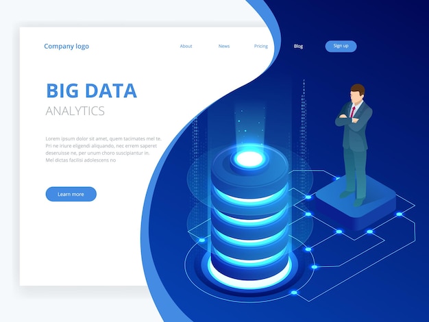Isometrische digitale Technologie-Web-Banner. BIG DATA Algorithmen für maschinelles Lernen. Analyse und Informationen. Big Data Access Storage Distribution Information Management und Analyse.