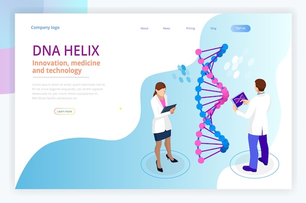 Vektor isometrische dna-helix, dna-analysekonzept. digitaler blauer hintergrund. innovation, medizin und technologie. webseiten- oder leihapge-designvorlagen.