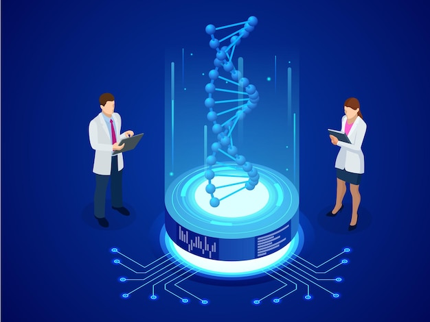 Isometrische dna-helix, dna-analysekonzept. digitaler blauer hintergrund. innovation, medizin und technologie.