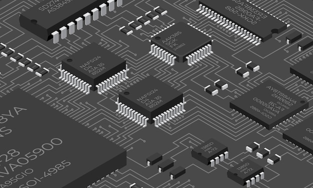 Isometrische elektronische Platte Isometrische gedruckte Leiterplatte mit elektronischen Komponenten Elektronische Komponenten und integrierte Leiterplatten