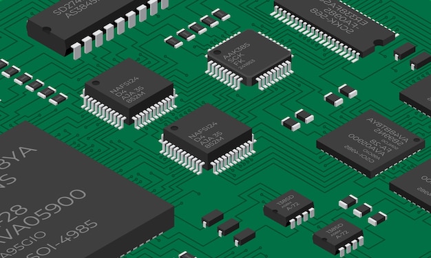 Isometrische elektronische Platte Isometrische gedruckte Leiterplatte mit elektronischen Komponenten Elektronische Komponenten und integrierte Leiterplatten