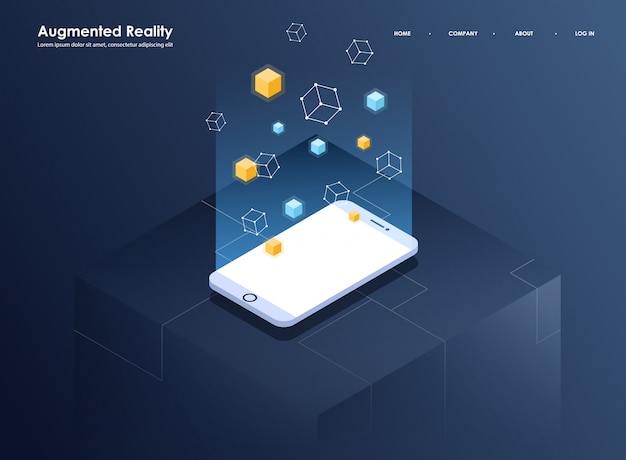 Isometrische fahne des augmented reality-konzeptes. flache designvorlage für mobile app und website. virtuelle realität isometrische darstellung.