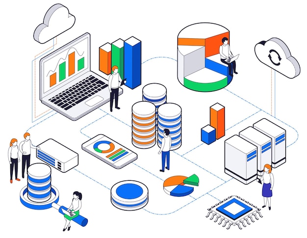 Isometrische farbzusammensetzung der big-data-wissenschaftsanalyse mit zugehörigen schritten zur vernetzung