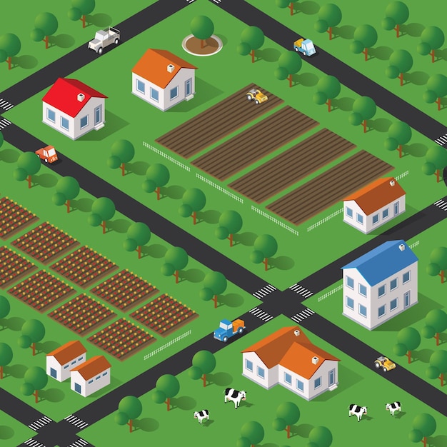 Isometrische Farm mit Häusern, Straßen und Gebäuden. Die dreidimensionale Draufsicht auf eine ländliche Landschaft