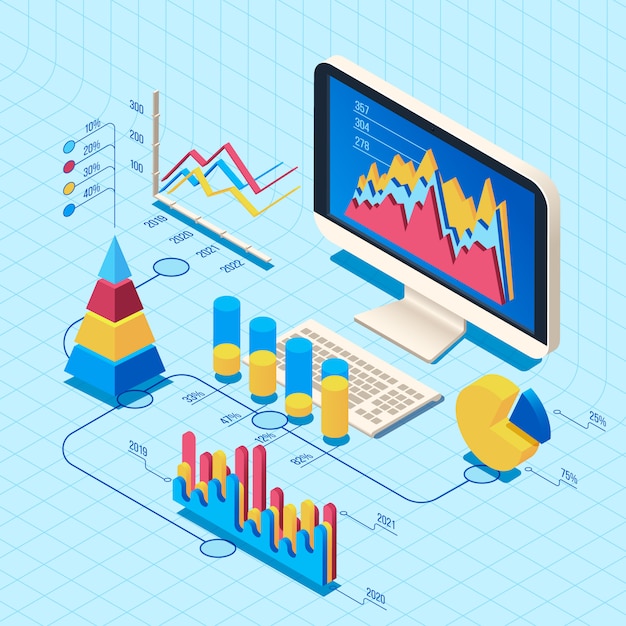 Isometrische finanzdatenanalyse. marktposition, illustration des netzgeschäftscomputer-diagramms 3d