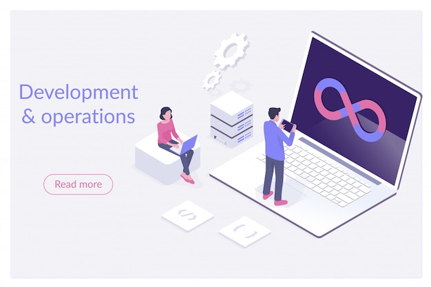 Isometrische flache landingpage-vorlage von devops
