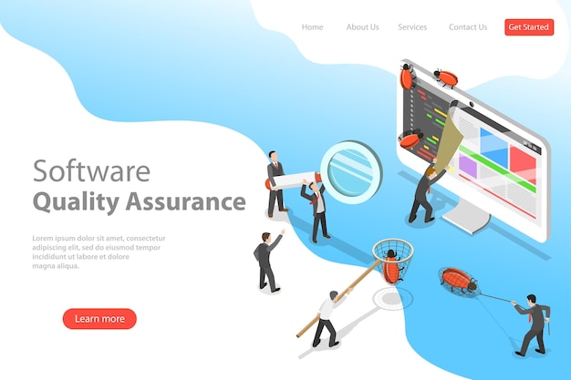 Isometrische flache vektor-landing-page-vorlage der software-qualitätssicherung