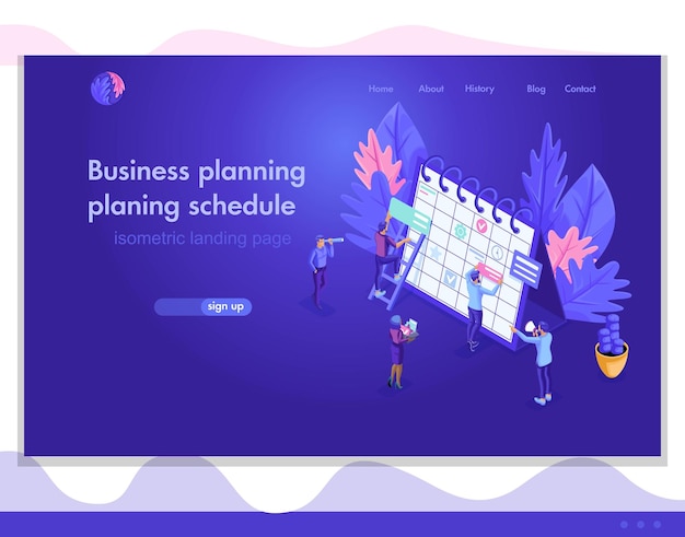 Isometrische gestaltung benutzeroberfläche, webdesign, landing page. das konzept der arbeit von isometrischen menschen, erstellung eines geschäftsplans, planung.