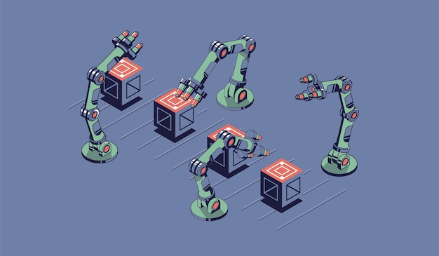 Isometrische illustration der intelligenten industrie. robotermanipulatoren verschieben kisten auf dem förderband.