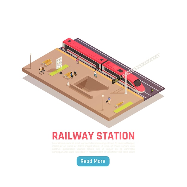 Isometrische illustration des bahnhofs mit hochgeschwindigkeitsbahnsteig mit text und mehr lesen knopf