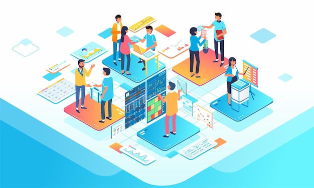 Isometrische Illustration des Geschäftsmanagementprozesses, die für die Illustration der Landingpage des Website-Bildes und andere verwendet wird