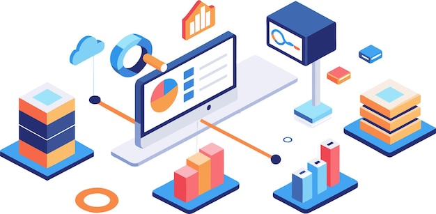 Isometrische Illustration Design-Konzept Analysieren Sie Daten und suchen Sie SEO-Optimierung