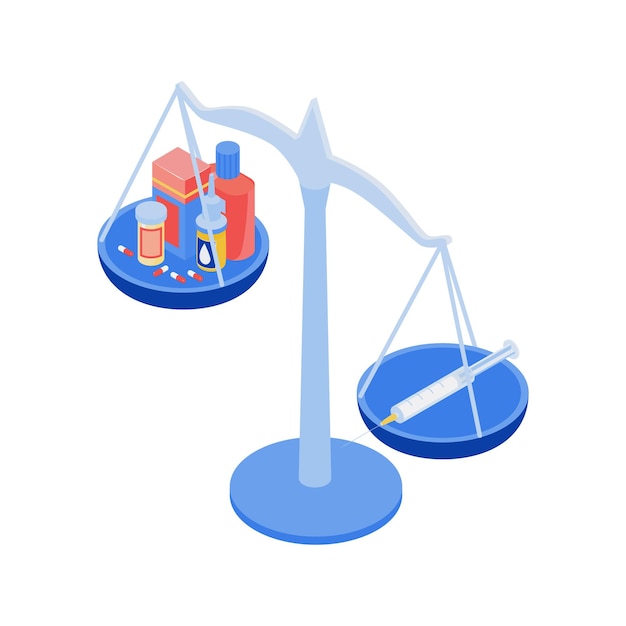 Isometrische impfzusammensetzung des gleichgewichts wiegt mit vielen medikamenten und spritzen auf tassenillustration