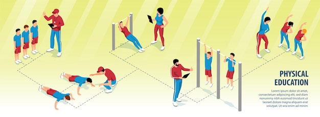 Isometrische infografiken der sportunterrichtsstunde mit männlichen und weiblichen lehrern, die übungen machen, push ups pull ups 3d-vektorillustration