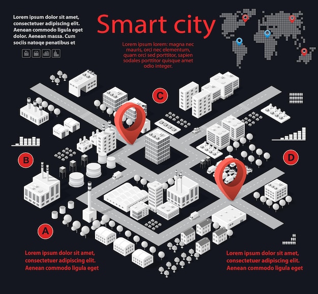 Isometrische Infografiken zur intelligenten Stadt mit Wolkenkratzern, Gebäuden und Straßen. Konzept der Stadtentwicklung und Statistik in grafischen Illustrationen