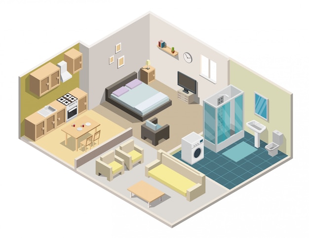 Isometrische Innenwohnungsvektorillustration.