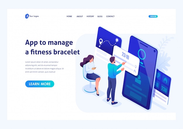 Isometrische jugendliche arbeiten mit einer fitness-armband-management-app. vorlage landingpage für website