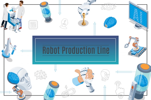 Vektor isometrische künstliche intelligenz zusammensetzung mit monitor cyborg kopf gehirn in rohr wissenschaftler industrieroboter roboterarme