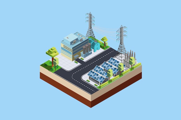 Vektor isometrische ladestation für superschnelle elektrofahrzeuge mit solarpanelen und viel ladung