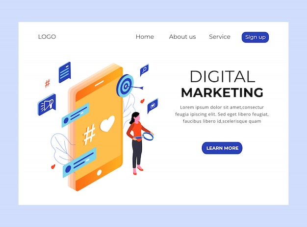 Isometrische landing page des digitalen marketings