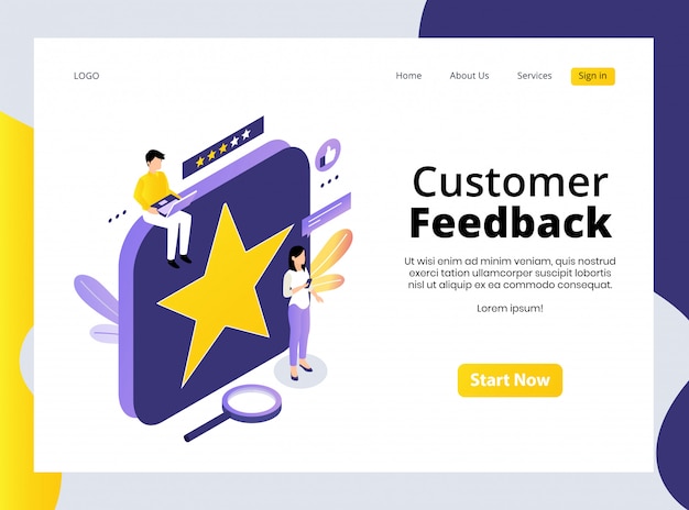 Isometrische landing page des kundenfeedbacks