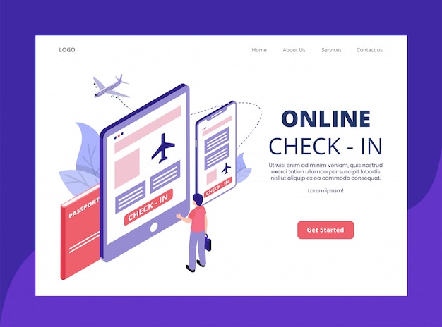 Isometrische landing page des online-check-in-konzepts