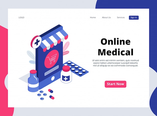 Isometrische landing page von online medical