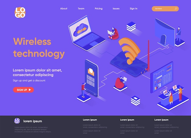 Isometrische Landingpage-Illustration der drahtlosen Technologie 3d mit Personenzeichen