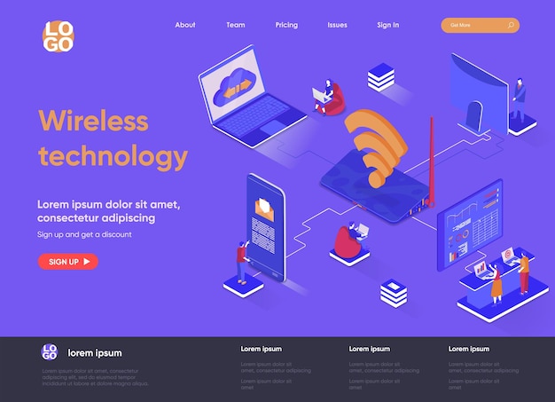 Isometrische landingpage-illustration der drahtlosen technologie 3d mit personenzeichen