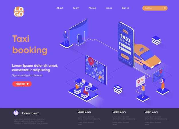 Isometrische landingpage-illustration der taxibuchung 3d mit personencharakteren