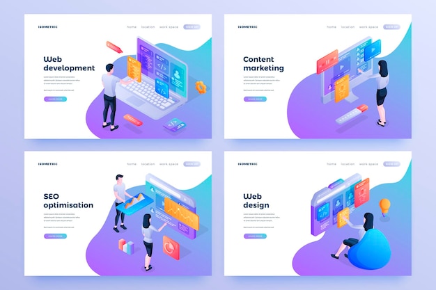 Vektor isometrische landingpage-vorlagen für die internet-geschäftsförderung eingestellt webentwicklung content-marketing seo-optimierung webdesign mitarbeiter des unternehmens, die an computer-zeichentrickfiguren arbeiten