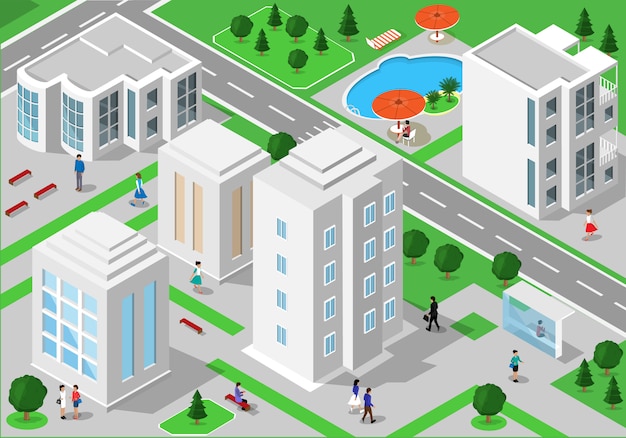 Isometrische Landschaft mit Menschen, Stadtgebäuden, Straßen, Parks, Hotels und Schwimmbad. Reihe von detaillierten Stadtgebäuden. 3D isometrische Menschen