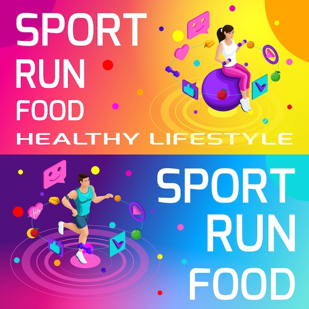 Vektor isometrische, leuchtend bunte banner zum thema sport, gesunde ernährung, gesunder lebensstil, laufen