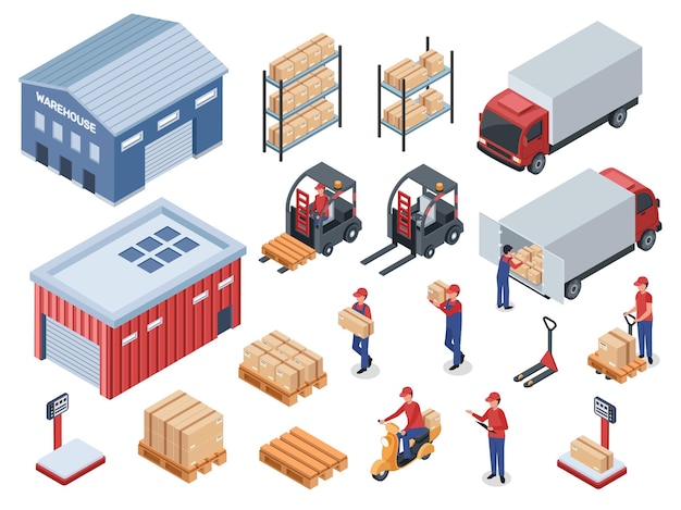 Isometrische logistik lieferung distribution lager transport kurier lkw gabelstapler vektor set