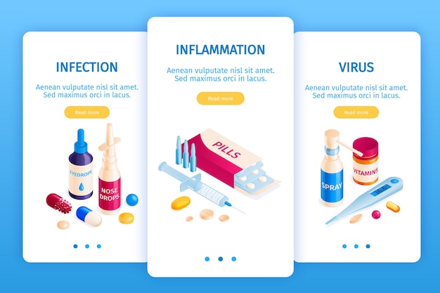 Isometrische medizinapotheke satz von drei vertikalen bannern mit textseitenschalttasten und produkt