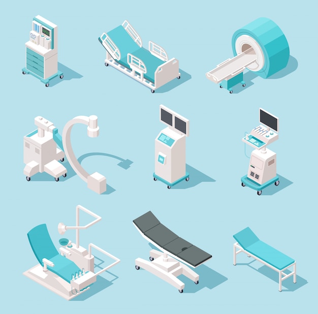 Isometrische medizinische Geräte. Krankenhausdiagnosewerkzeuge. Maschinen der Gesundheitswesentechnologie 3d eingestellt