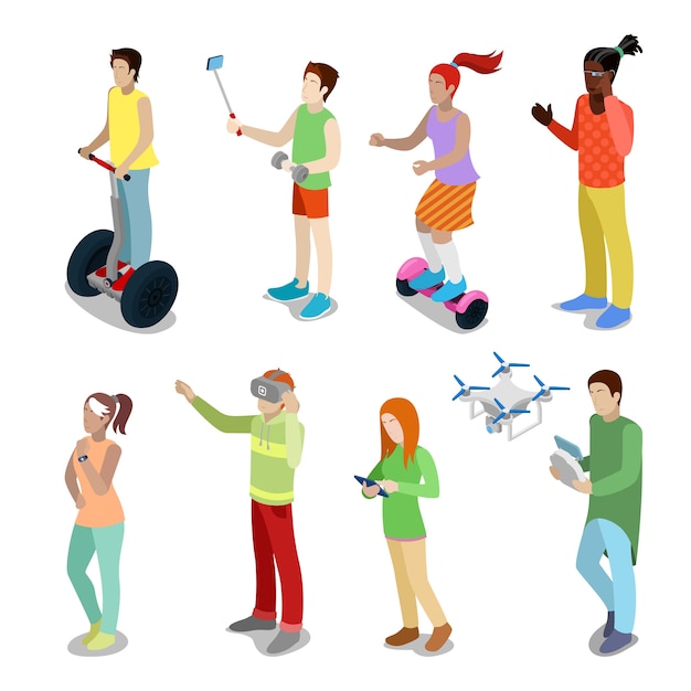 Isometrische menschen mit modernen geräten segway-, drohnen-, gyroscooter- und virtual-reality-brillen. flache illustration des vektors 3d