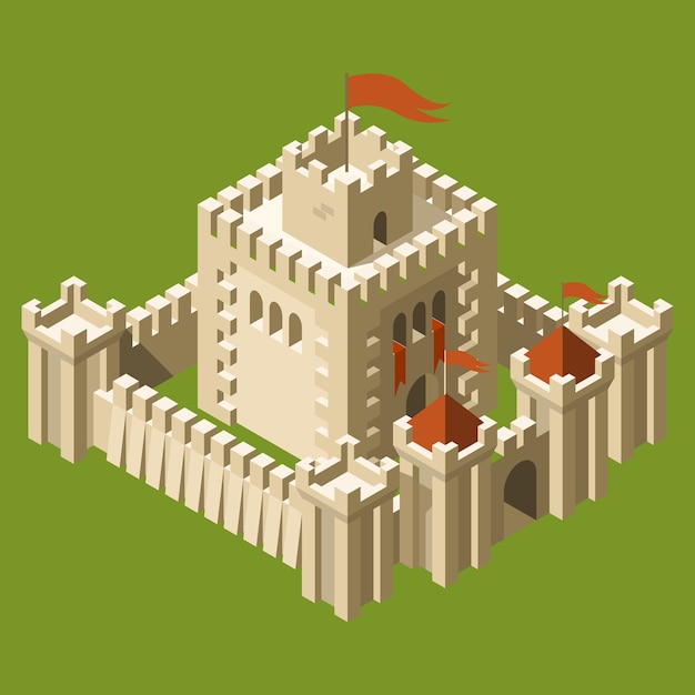 Isometrische mittelalterliche Burg mit befestigter Mauer und Türmen