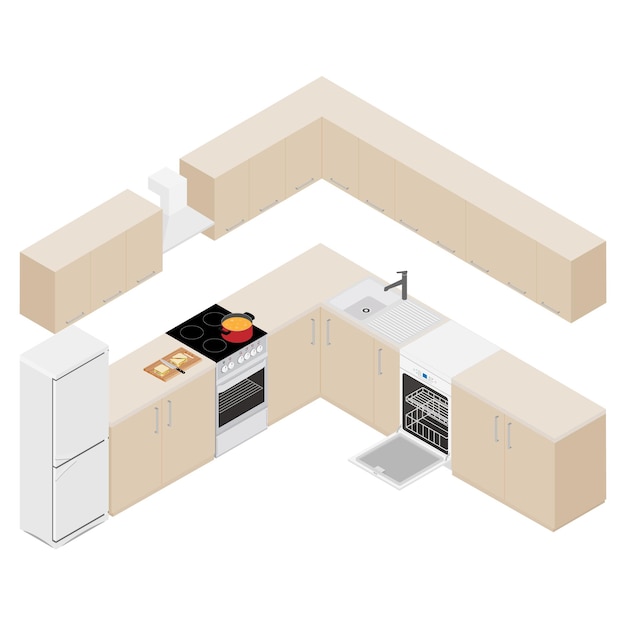 Vektor isometrische moderne kücheninterieur möbel und küchengeräte