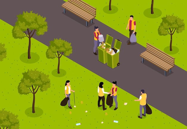Isometrische müllrecycling-zusammensetzungswischer sammeln müll im park in grüner öko-behälter-vektorillustration