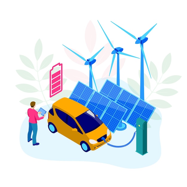 Isometrische Ökologie und grünes Energiekonzept. Sonnenkollektoren und Windkraftanlagen und Öko-Auto. Öko-grünes Stadtthema.