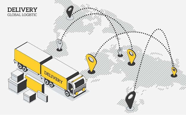 Vektor isometrische projektion mit einem lieferwagen, paketen und einer karte mit standorten