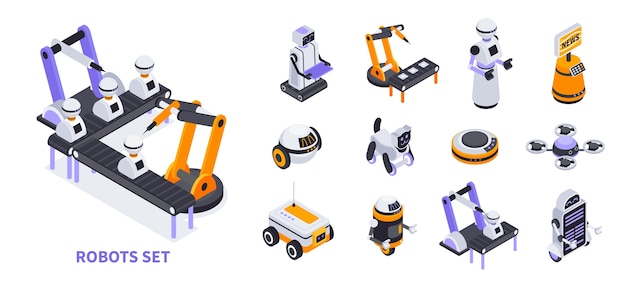 Isometrische Roboter-Ikonen und Illustrationssatz