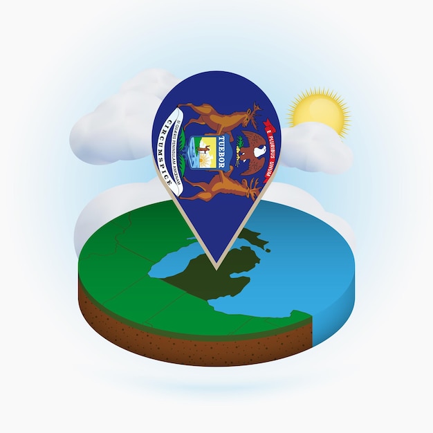 Isometrische runde karte des us-bundesstaates michigan und punktmarkierung mit flagge von michigan wolke und sonne im hintergrund