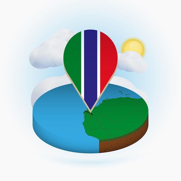 Isometrische runde karte von gambia und punktmarkierung mit flagge von gambia wolke und sonne im hintergrund